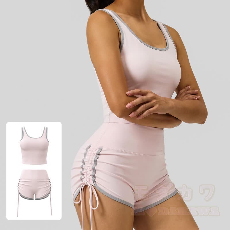 Zweiteiliges Set aus lässigem Crop-Top und Shorts mit seitlichem Kordelzug für Yoga - Rosa - 2XL - image 7