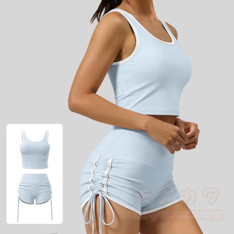 Zweiteiliges Set aus lässigem Crop-Top und Shorts mit seitlichem Kordelzug für Yoga - Blau - 2XL - image 5