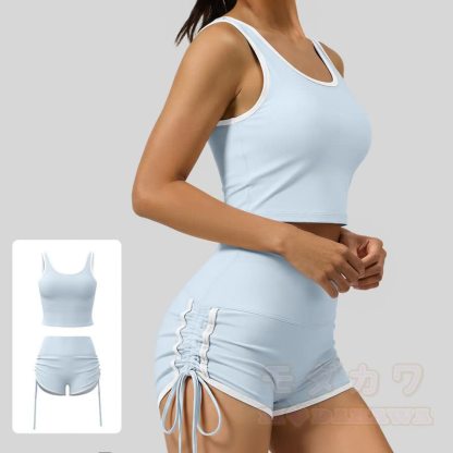 Zweiteiliges Set aus lässigem Crop-Top und Shorts mit seitlichem Kordelzug für Yoga - Blau - 2XL - image 5