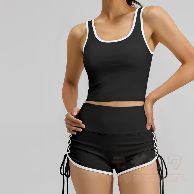 Zweiteiliges Set aus lässigem Crop-Top und Shorts mit seitlichem Kordelzug für Yoga - image 3
