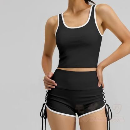 Zweiteiliges Set aus lässigem Crop-Top und Shorts mit seitlichem Kordelzug für Yoga - image 3