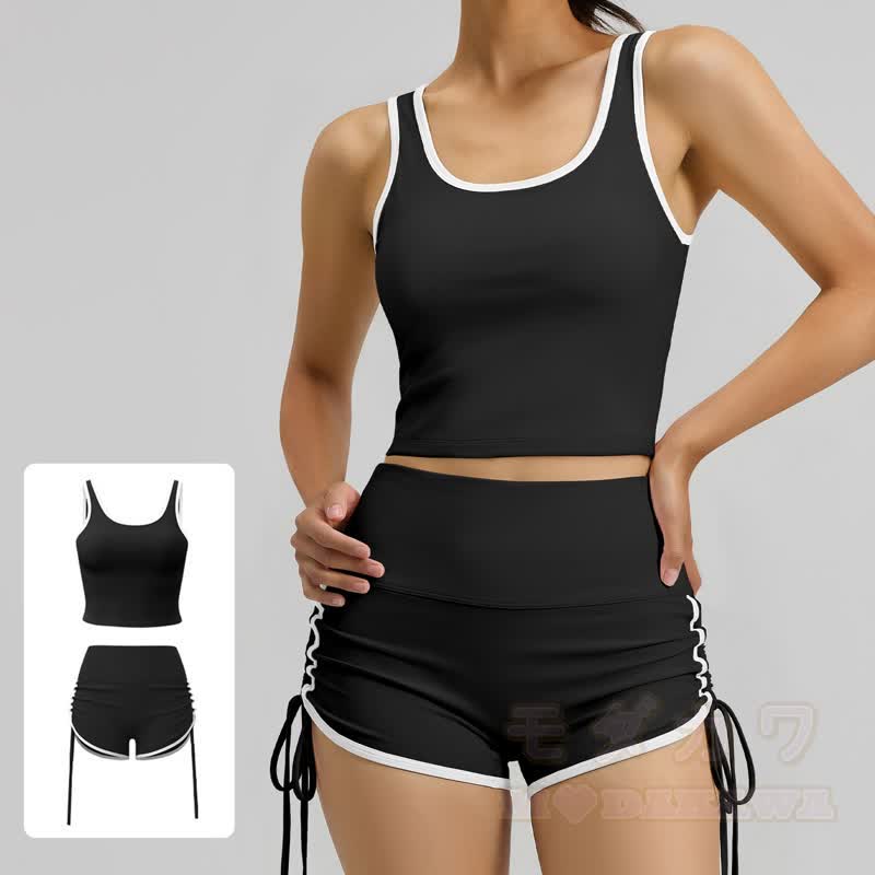 Zweiteiliges Set aus lässigem Crop-Top und Shorts mit seitlichem Kordelzug für Yoga - image 2