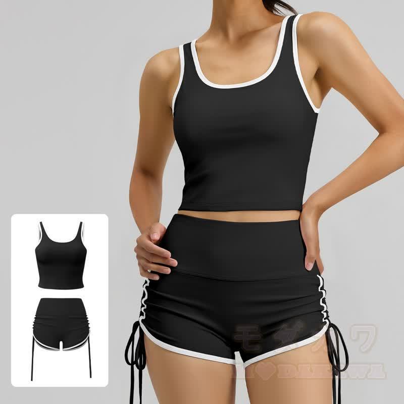 Zweiteiliges Set aus lässigem Crop-Top und Shorts mit seitlichem Kordelzug für Yoga - image 2