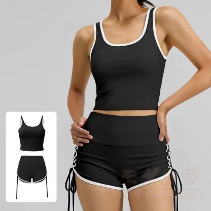 Zweiteiliges Set aus lässigem Crop-Top und Shorts mit seitlichem Kordelzug für Yoga - image 2