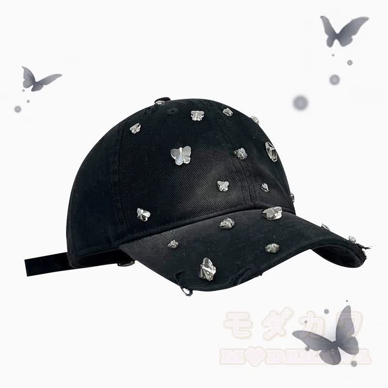 Baseballkappe mit Strasssteinen und Schmetterlingsmotiv im Used-Look - image 1