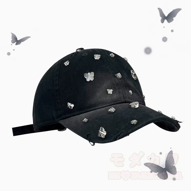 Baseballkappe mit Strasssteinen und Schmetterlingsmotiv im Used-Look - image 1