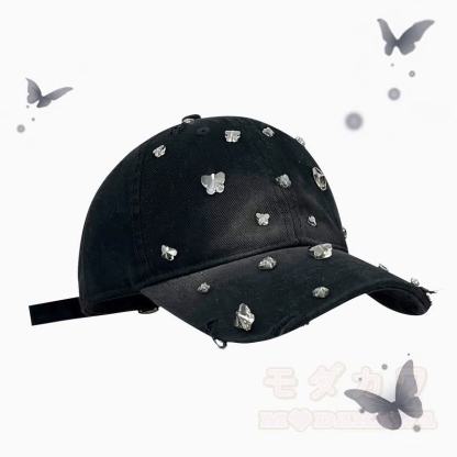 Baseballkappe mit Strasssteinen und Schmetterlingsmotiv im Used-Look - image 1