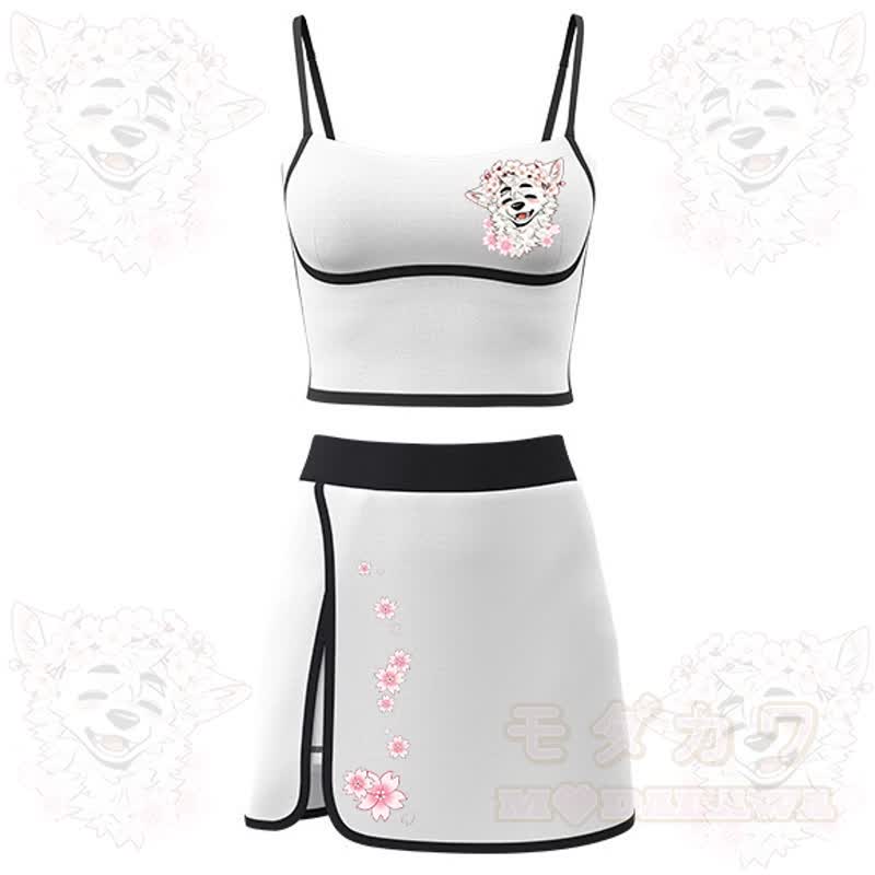 MODAKAWA X atka Kirschblüten-Wolfsprint Cami Top Split Skort Zweiteiliges Set - Weiß - 2XL - image 4