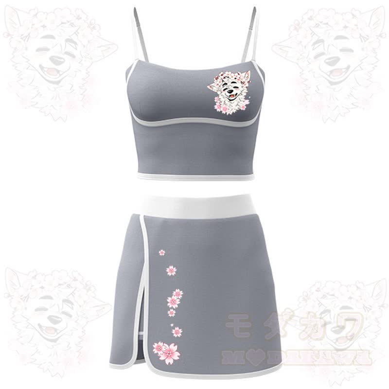 MODAKAWA X atka Kirschblüten-Wolfsprint Cami Top Split Skort Zweiteiliges Set - Grau - 2XL - image 6