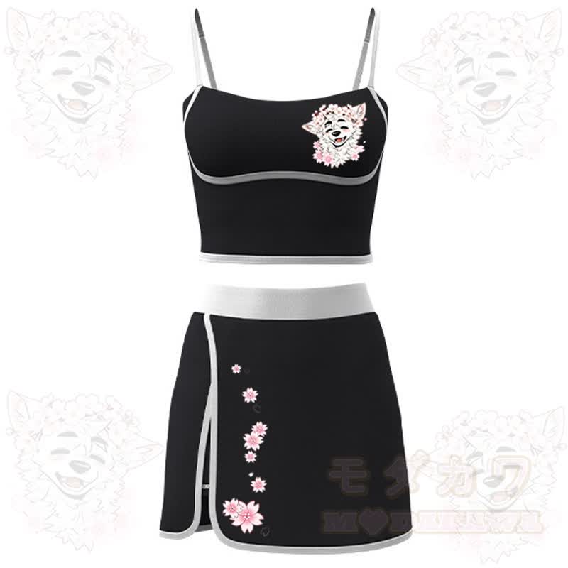 MODAKAWA X atka Kirschblüten-Wolfsprint Cami Top Split Skort Zweiteiliges Set - Schwarz - 2XL - image 5
