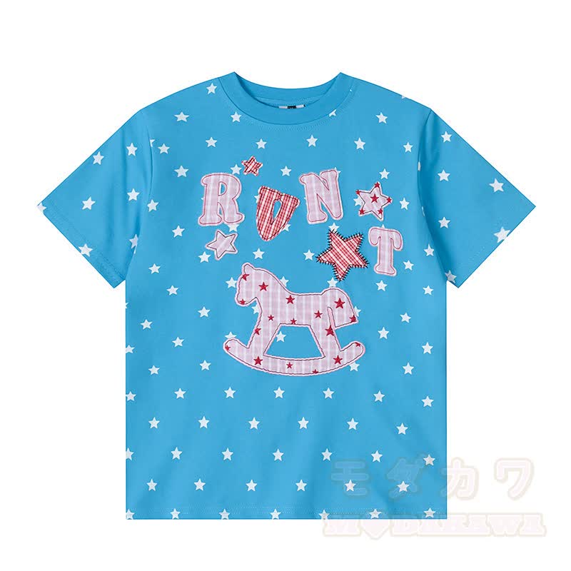 Hochwertiges, strapazierfähiges Set aus T-Shirt, Hose und Sternen-Pferdestickerei in Farben Optik - Blaues Oberteil - XL - image 2