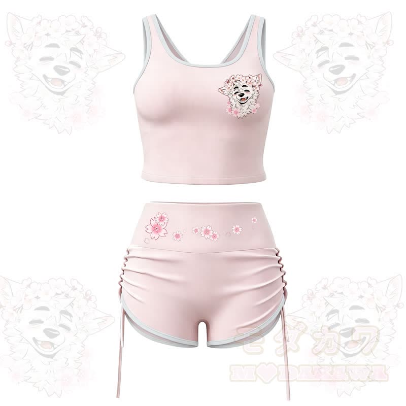 MODAKAWA X atka Wolf Print Cami Top Split Skort Zweiteiliges Set - Rosa Set - 2XL - image 1