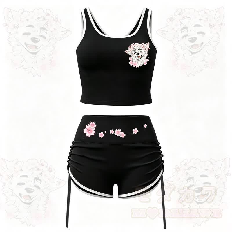 MODAKAWA X atka Wolf Print Cami Top Split Skort Zweiteiliges Set - Schwarzes Set - 2XL - image 3