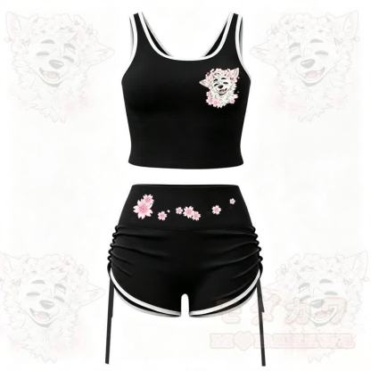 MODAKAWA X atka Wolf Print Cami Top Split Skort Zweiteiliges Set - Schwarzes Set - 2XL - image 3