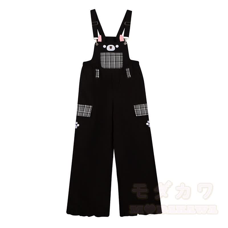 Hochwertige, strapazierfähige Latzhose mit Pressbär-Stickerei und Karomuster - Schwarz - L - image 2