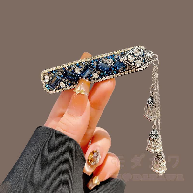 Elegante Haarspange mit Strass-Glockenquaste und Kette - Haarspange mit blauer Quaste und Edelsteinmotiv - image 5