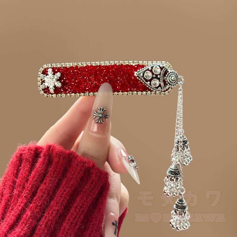Elegante Haarspange mit Strass-Glockenquaste und Kette - Haarspange mit rotem Schneeflocken-Strassstein - image 6