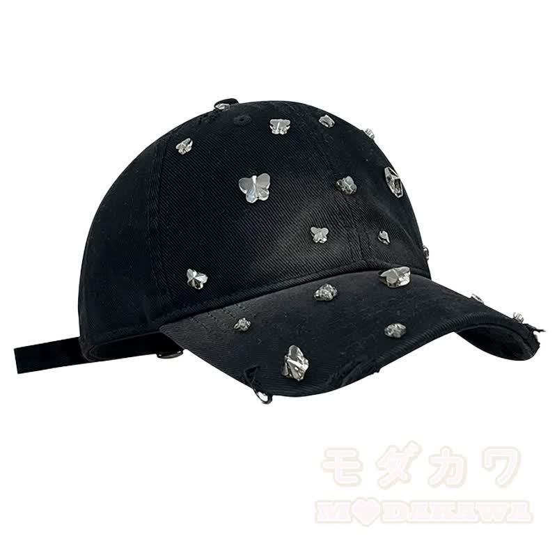 Baseballkappe mit Strasssteinen und Schmetterlingsmotiv im Used-Look - Schwarz - image 2