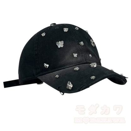Baseballkappe mit Strasssteinen und Schmetterlingsmotiv im Used-Look - Schwarz - image 2
