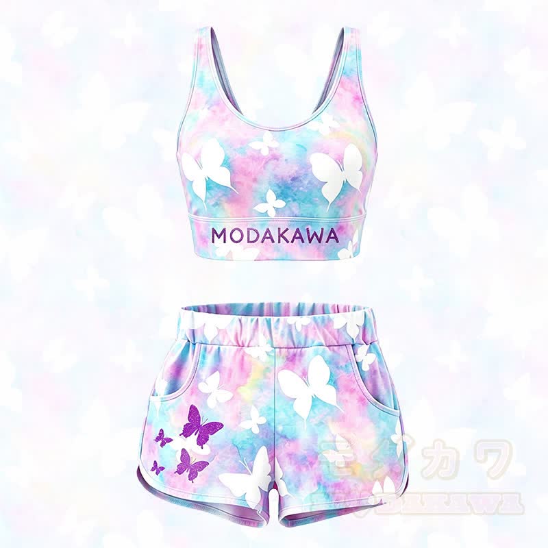 MODAKAWA Butterfly Graphic Crop Tank Sport Top Shorts Matching Outfit - Satz B - 5XL - image 1