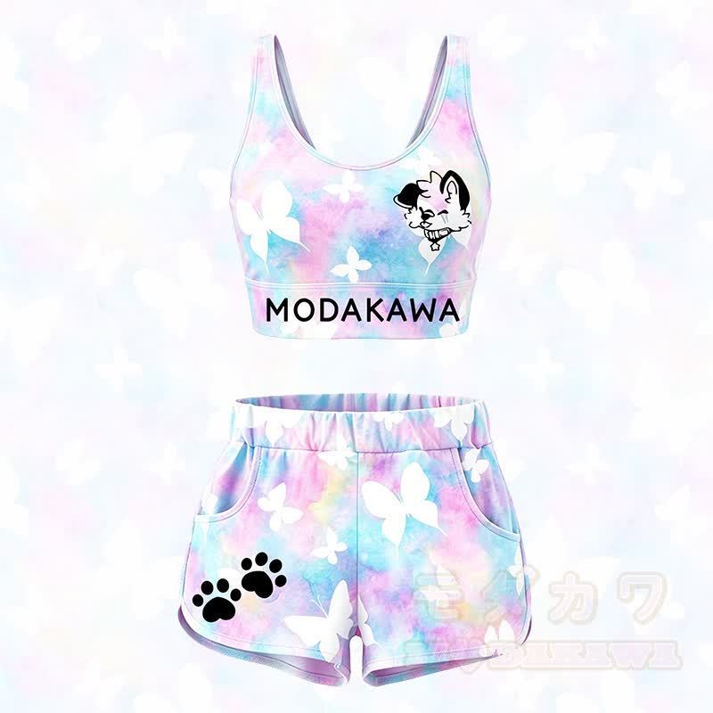 MODAKAWA X popipeko Butterfly Puppy Grafik Crop Tank Top Sport Shorts Passendes Outfit - Satz A - 5XL - image 1