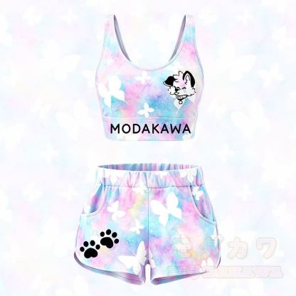 MODAKAWA X popipeko Butterfly Puppy Grafik Crop Tank Top Sport Shorts Passendes Outfit - Satz A - 5XL - image 1
