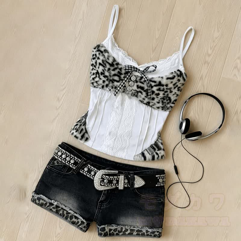 Zweiteiliges Set aus Leopardenmuster-Top mit Schleife und Jeansshorts (Y2K) - image 1