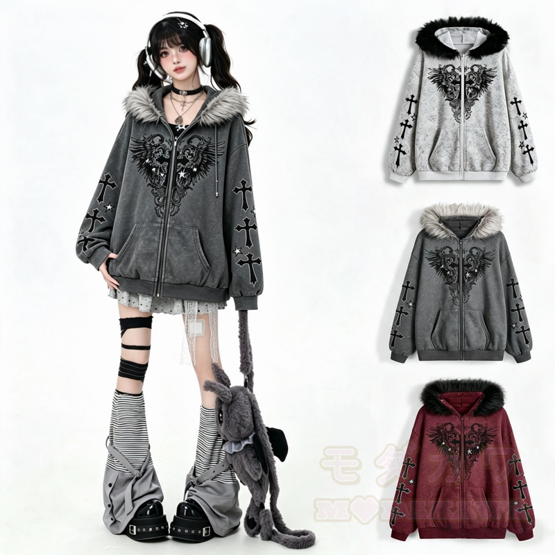 Gothic-Kapuzenjacke mit Pelzbesatz, gekreuztem Flügelmuster und Reißverschluss - image 1