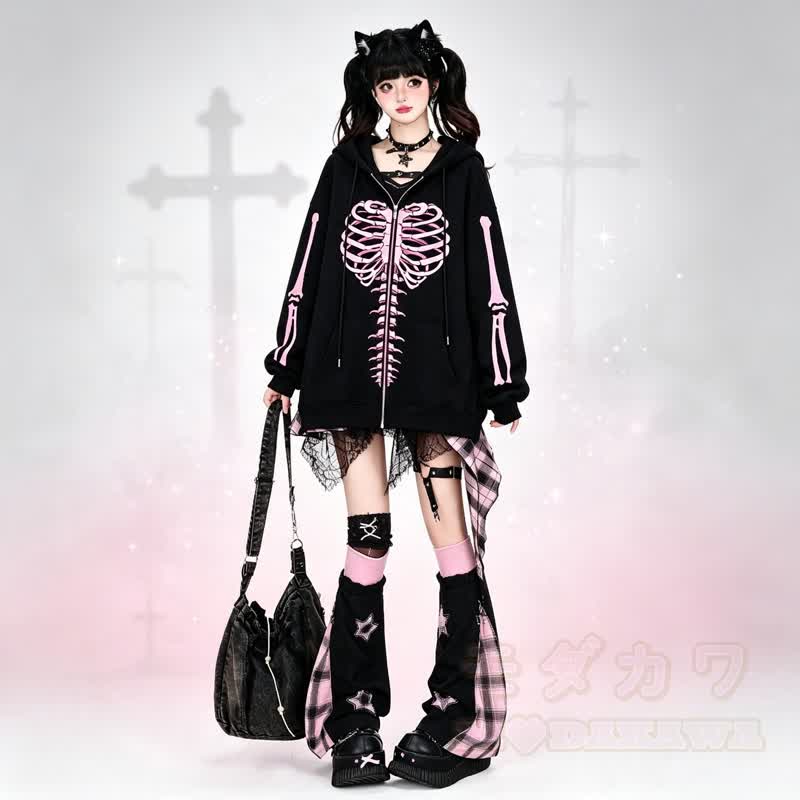 Gothic Oversized Kapuzenpullover mit Skelett-Print und Reißverschluss - image 1