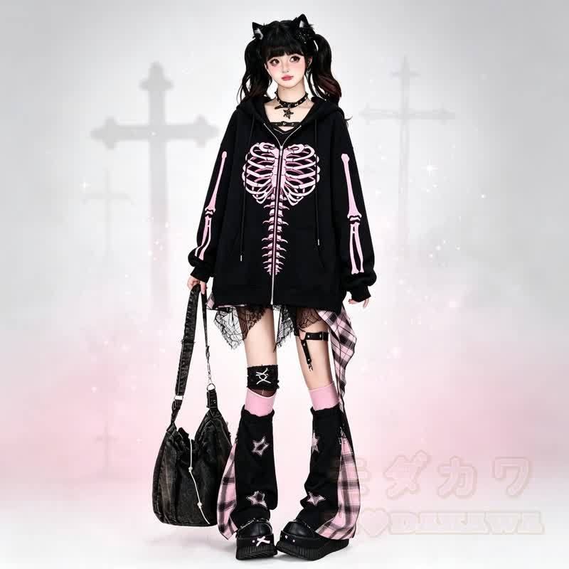 Gothic Oversized Kapuzenpullover mit Skelett-Print und Reißverschluss - image 1
