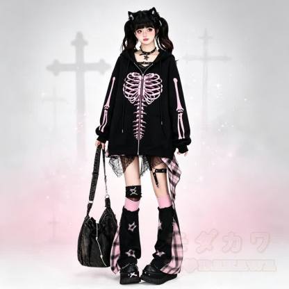 Gothic Oversized Kapuzenpullover mit Skelett-Print und Reißverschluss - image 1