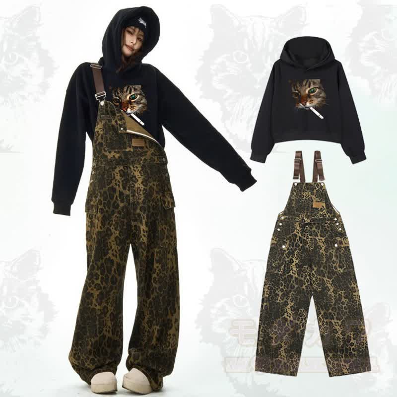 Cooles Set aus Kapuzenpullover mit Katzenmuster und Leoparden-Latzhose - image 1