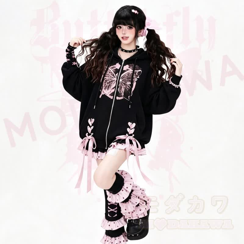 Gothic-Kapuzenjacke mit rosa Schmetterlingsmuster, Schleife und Reißverschluss - image 1