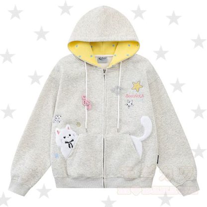Hochwertige, strapazierfähige Kapuzenjacke mit Kawaii-Katzenstickerei und Reißverschluss, verziert mit einem Reißverschluss und Kawaii-Katzenstickerei - image 1