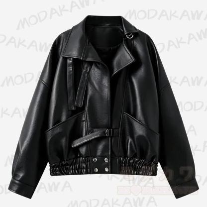 Vintage-Jacke aus Kunstleder mit Stehkragen und Reißverschluss, kurz geschnitten - image 1