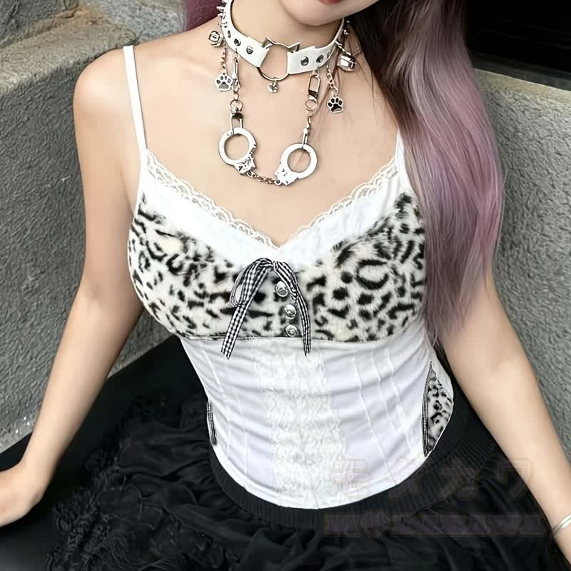 Zweiteiliges Set aus Leopardenmuster-Top mit Schleife und Jeansshorts (Y2K) - image 2