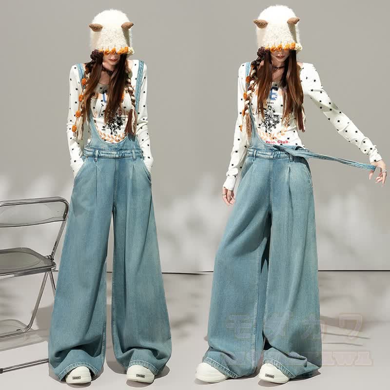 Zweiteiliges Set aus Hoodie mit Schmetterlingsprint, weitem Bein und Jeans-Latzhose - image 3