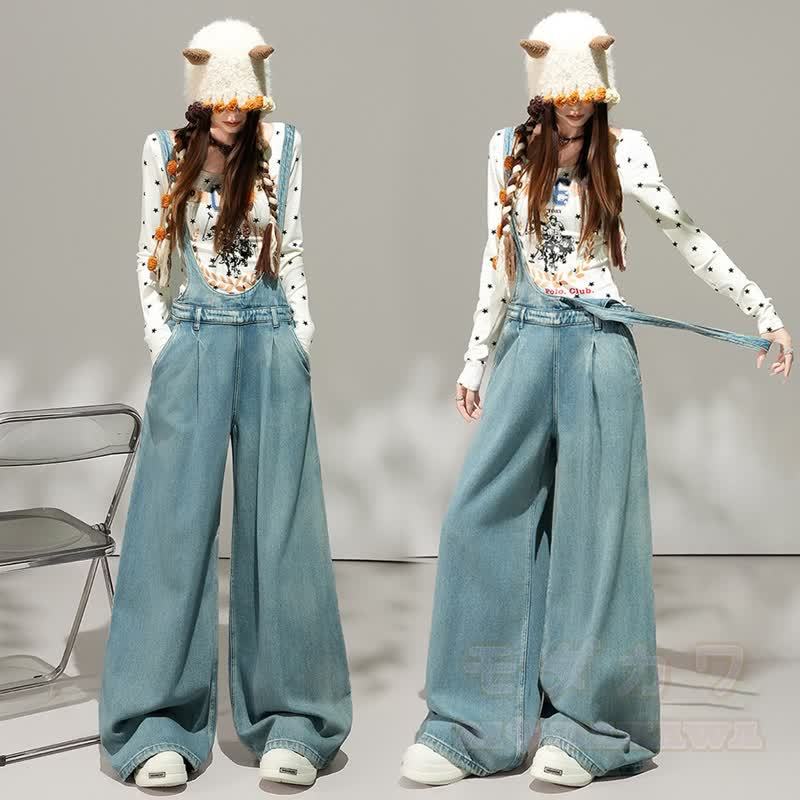 Zweiteiliges Set aus Hoodie mit Schmetterlingsprint, weitem Bein und Jeans-Latzhose - image 3