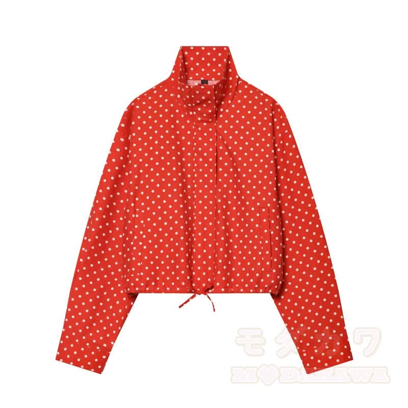 Zweiteiliges Set aus gepunkteter Stehkragenjacke und Shorts - Roter Mantel - L - image 2