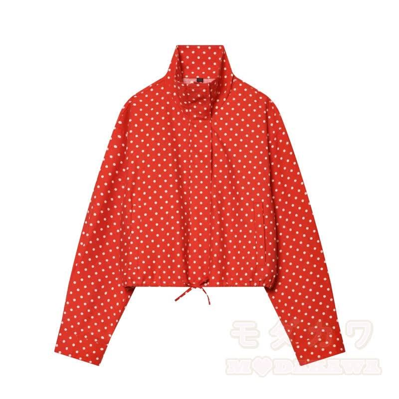 Zweiteiliges Set aus gepunkteter Stehkragenjacke und Shorts - Roter Mantel - L - image 2