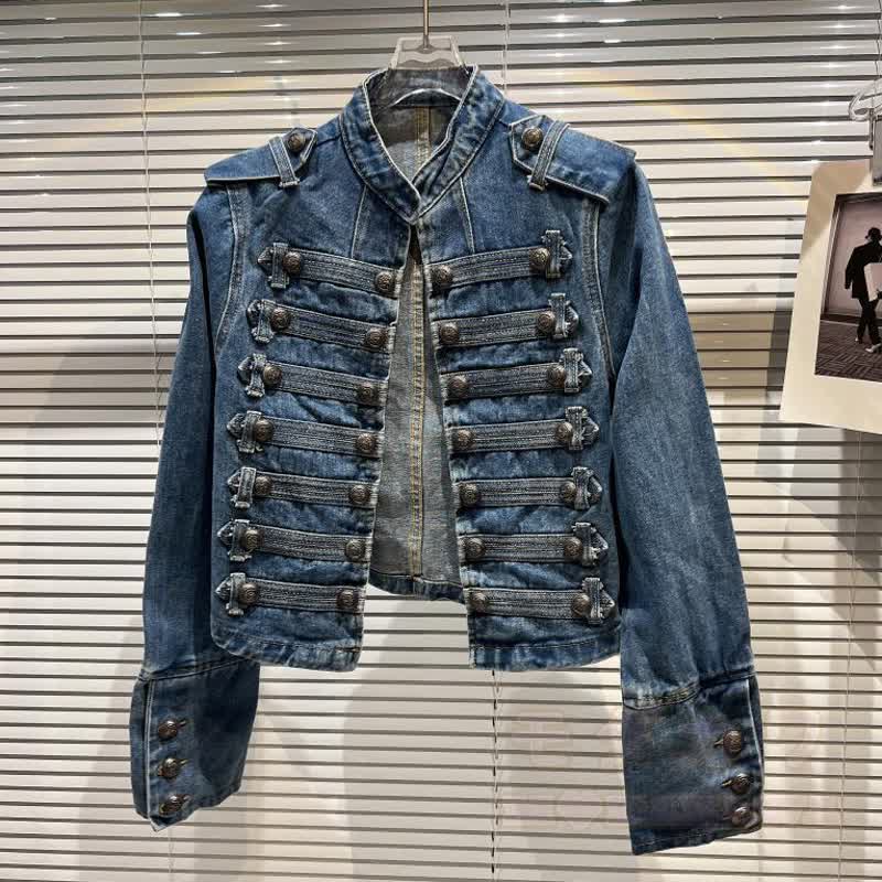 Hochwertige Vintage-Jeansjacke mit doppelter Knopfleiste und kurzem Schnitt - Dunkelblau - XL - image 6