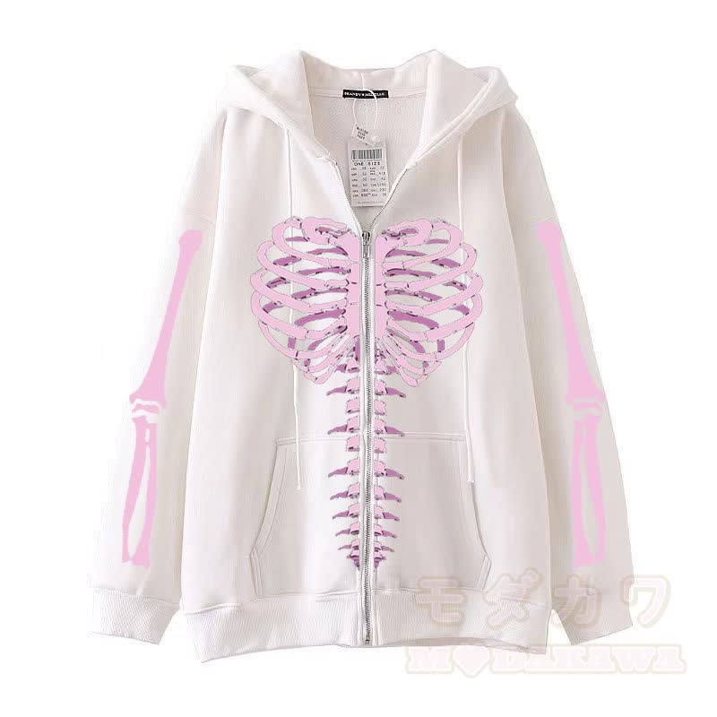 Gothic Oversized Kapuzenpullover mit Skelett-Print und Reißverschluss - Weiß - 3XL - image 3