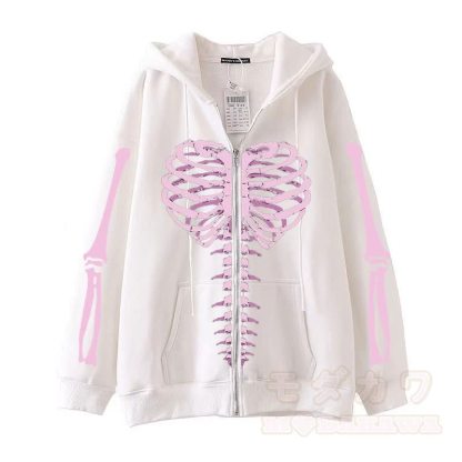 Gothic Oversized Kapuzenpullover mit Skelett-Print und Reißverschluss - Weiß - 3XL - image 3