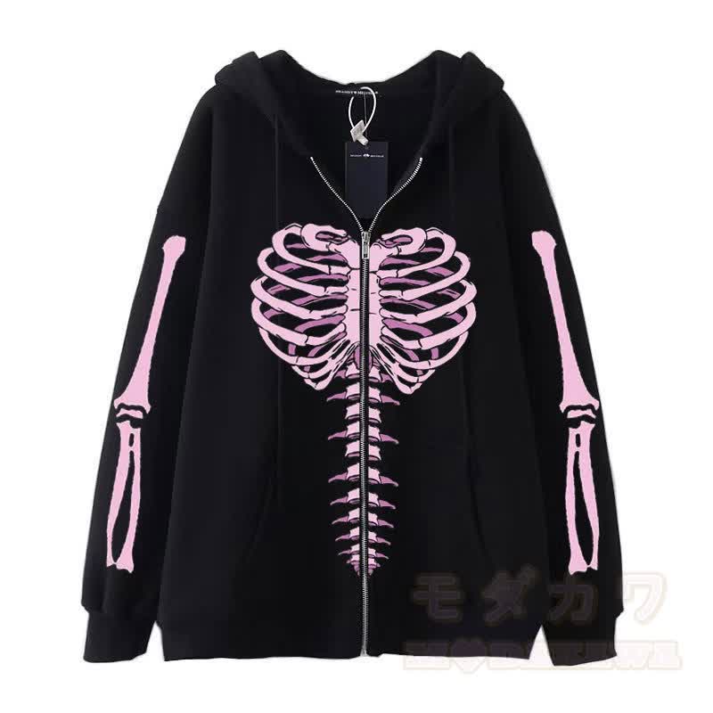 Gothic Oversized Kapuzenpullover mit Skelett-Print und Reißverschluss - Schwarz - 3XL - image 2