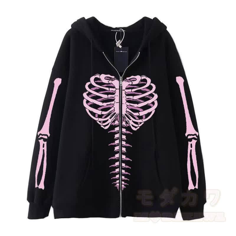 Gothic Oversized Kapuzenpullover mit Skelett-Print und Reißverschluss - Schwarz - 3XL - image 2