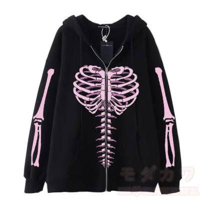 Gothic Oversized Kapuzenpullover mit Skelett-Print und Reißverschluss - Schwarz - 3XL - image 2