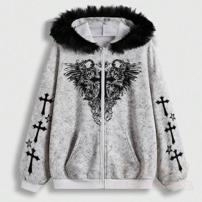 Gothic-Kapuzenjacke mit Pelzbesatz, gekreuztem Flügelmuster und Reißverschluss - Hellgrau - XL - image 8