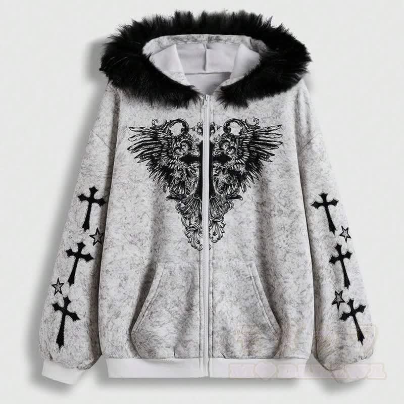 Gothic-Kapuzenjacke mit Pelzbesatz, gekreuztem Flügelmuster und Reißverschluss - Hellgrau - XL - image 8