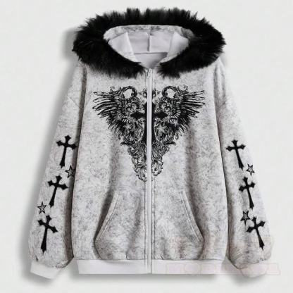 Gothic-Kapuzenjacke mit Pelzbesatz, gekreuztem Flügelmuster und Reißverschluss - Hellgrau - XL - image 8