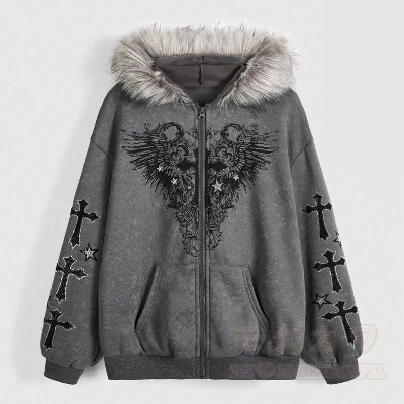 Gothic-Kapuzenjacke mit Pelzbesatz, gekreuztem Flügelmuster und Reißverschluss - Dunkelgrau - XL - image 6